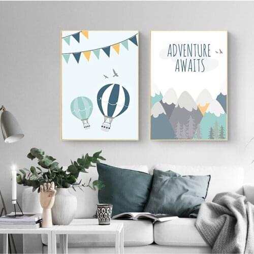 Art Canvas Painting Nordic Kid Room Decoration Picture Adventure Quote Nursery Child Poster Cartoon Mountain Airplane Print Wall
