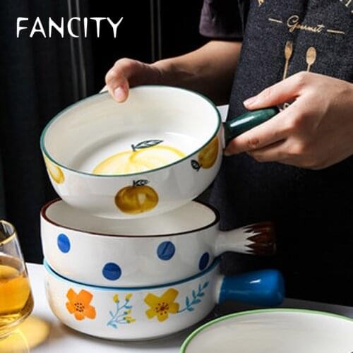 FANCITY Cute Girl Heart Oven Microwave Dedicated Bowl Japanese Household Ceramic Tableware Creative Handle Bowl with Handle