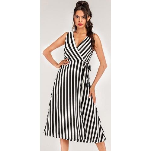 Fashion Elegant Summer Dress V-Neck Womens A-line Sleeveless Stripe Dress Party Beach Off-shoulder Ladies Dress Top