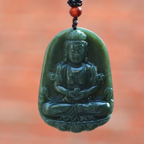 Natural Dark Green HETIAN Nephrite Buddha Pendant 3D Carved Guanyin Bodhisattva Patron saint Pendant Necklace Men Jades Jewelry