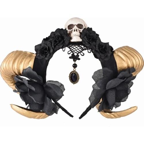 Lolita Horns Skull Head Gold Sheep Horn Lace Headband Halloween Vampire Devil Horn Veil Hair Accessory Gothic Headband