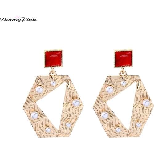 Banny Pink Large Metal Geometric Square Stud Earring For Women Chic Imitation Pearl Statement Post Earring Party Pendant Earring