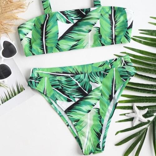 Sexy Hot Women Halter biquini Leaf Print Beach Wear Bikini High Waist Green Two-Piece Push Up Bikinis Set Swimming Suits S-M-L