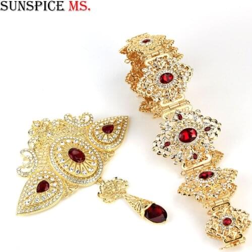 Sunspicems Moroccan Caftan Belt Brooch for Women Wedding Dress Jewelry Gold Color Red Crystal Metal Chain Bride Gift