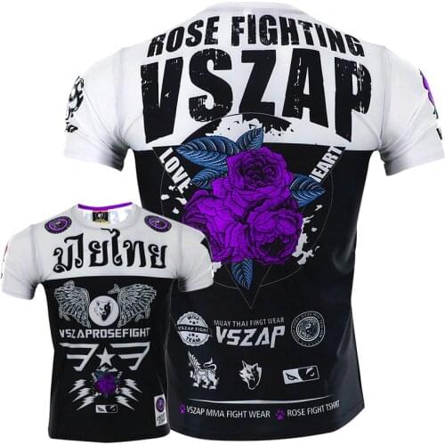 VSZAP Rose Boxing Training T-Shirt MMA Tee Kickboxing Muay Thai Training Fightwear Cotton Breathable Gym Running T Shirt S-4XL