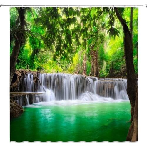 Waterfall Natural Scenery Shower Curtains Green Tree Leaf Spring Landscape Bathroom Decor Waterproof Polyester Cloth Curtain Set