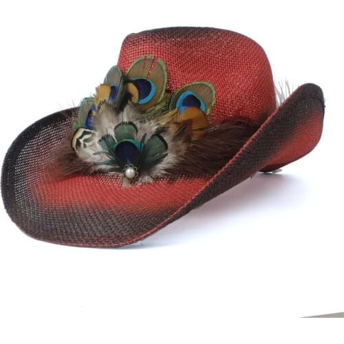 2019 Retro Women Straw Hollow Western Cowboy Hat Lady Bohemia Tassel Peacock Feather Sombrero Fedora Beach Cowgirl Jazz Sun Hat