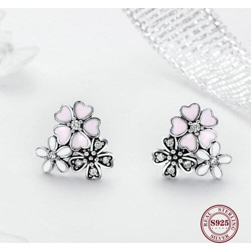 Bewill Hot Sale 925 Sterling Silver Poetic Cherry Blooms Flowers Stud Earrings For Women Fashion Original Silver Jewelry