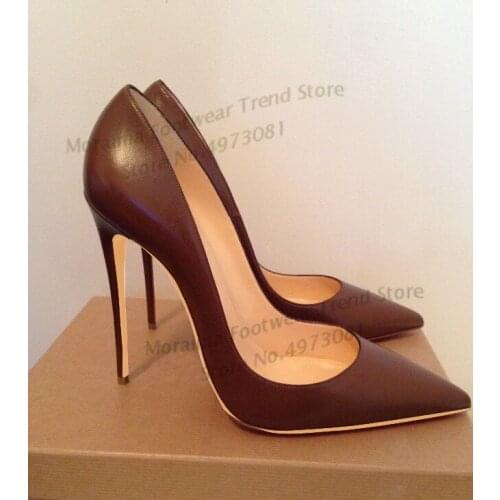Moraima Snc Brown Matte Leather High Heel Shoes Pointed Toe 12CM Thin heels Woman Pumps Shallow Slip on Party Dress Heels