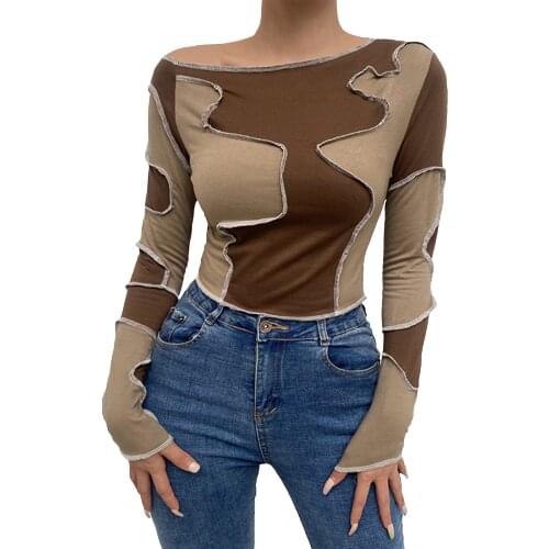 Women Patchwork Pullover, Brown Long Sleeve Close-fitting Crop Tops, S/ M/ L/ XL
