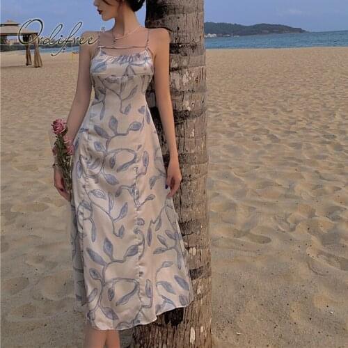 Ordifree 2021 Summer Women Satin Slip Dress Vintage Print Spaghetti Strap Sexy Long Party Dress
