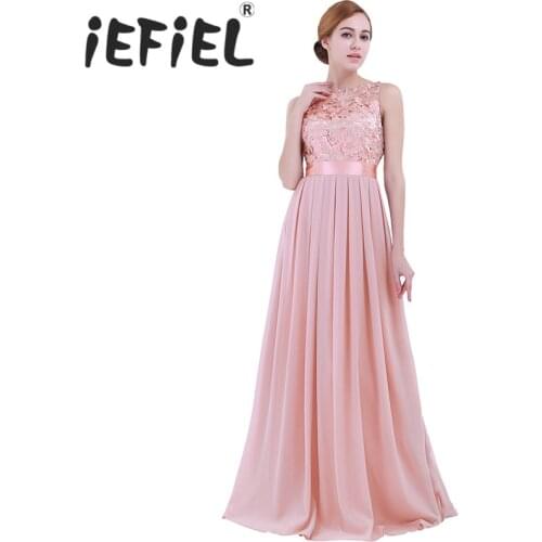 IEFiEL Embroidered Women Ladies Sleveless Chiffon Lace Dress Long Party Pageant Bridesmaid Wedding Formal Summer Maxi Dress