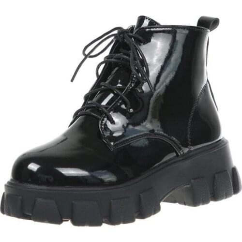 Winter Leather Women Ankle Boots Platform Boots Female Punk Style Thick Bottom Female Motorcycle Boots Lace-Up