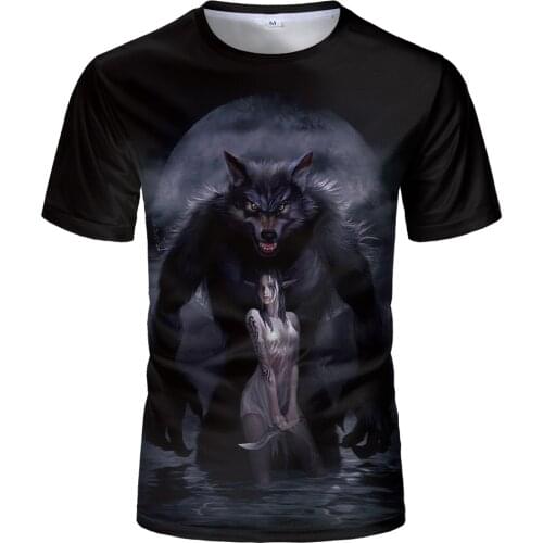 Lovers Wolf Printed T shirts Men 3d T-shirts Werewolf and Beauty Short Sleeve Camiseta Round Neck Tshirt Fashion Casual Brand