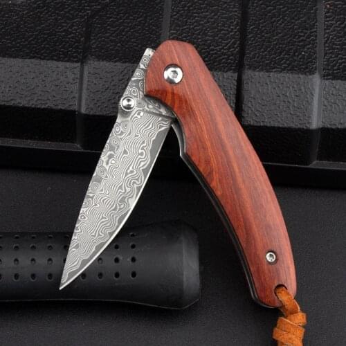 EDC Damascus Folding Knife Mini Wooden Handle Pocket Knife Camping Outdoor Folding Knife Portable Pocket Knife