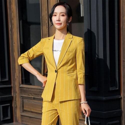 IZICFLY new style striped yellow blazer set business office pant and jacket summer OL 2 piece set outfits for women work wear