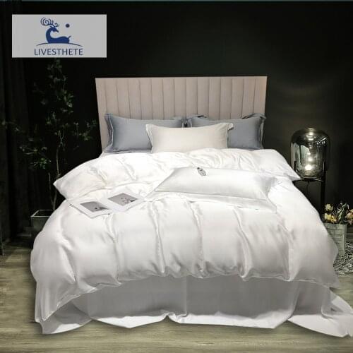 Liv-Esthete Women White 100% Silk Bedding Set Solid Color Soft Duvet Cover Set Bed Sheet Pillowcases Quilt Cover Bed Linen Set