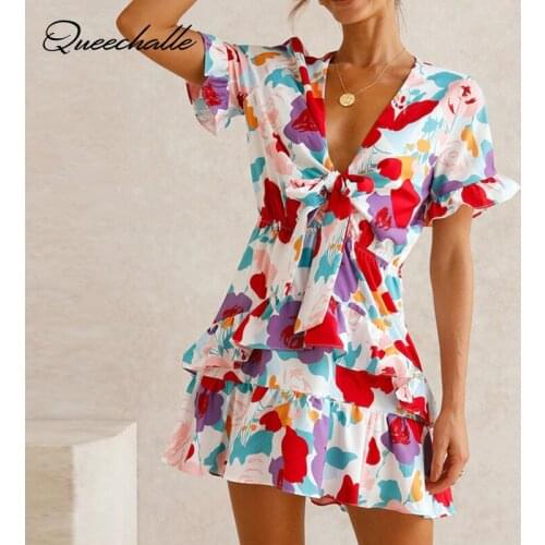 Summer Beach Dress Ruffle Patchwork Vintage Print Loose Pleated Dress Womens Bow Ties Boho Mini A-line Dresses Female Sundress