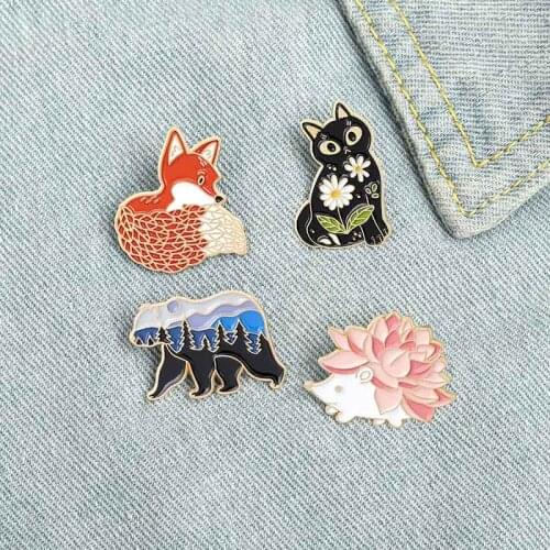 Cartoon Fox Polar Bear Hedgehog Kitten Brooch Clothes Portfolio Lapel Enamel Pin Badges Jewelry Accessories Gifts For Friends