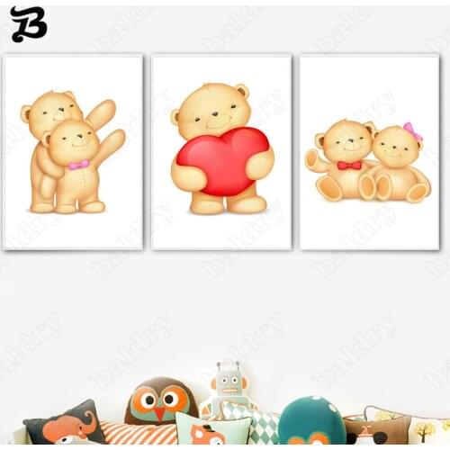 Cartoon Cute Bear Holding Love Heart Canvas Painting Wall Art Posters and Prints for Baby Boy and Girl Bedroom Wall Decor