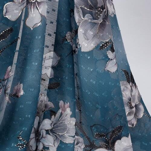 Soft Blue Plum Pattern Bronzing Printed Chiffon Tulle Fabric for Wedding Dress, by the Meter,150cm Width