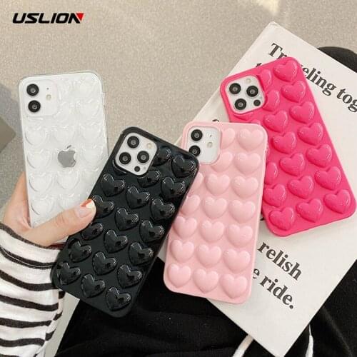 USLION ins 3D Love Heart Shockproof Phone Cover For iPhone 12 Mini 11 Pro Max X XR XS Max 7 8 7Plus Soft Silicone TPU Back Case