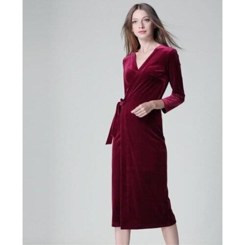 New Women Autumn Velvet Midi Dress Female Vintage Elegant Cardigan lace-up Dress Lady Slim Party Dress Vestidos Plus Size M-7XL