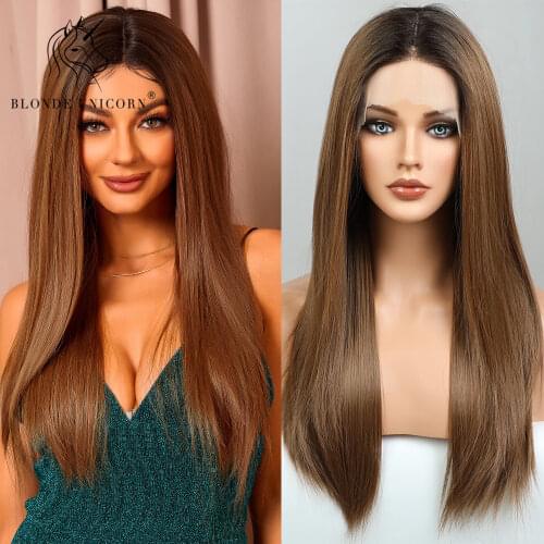 Blonde Unicorn Long Straight Synthetic Lace Part Hair Wigs Ombre Blonde Brown For Black White Women Heat Resistant Daily Wig