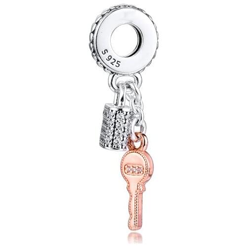 Fits for Pandora Beads Bracelets 100% 925 Sterling Silver Jewelry Rose Pave Padlock and Key Charms Free Shipping