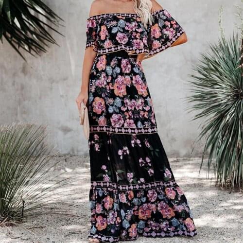 Plus Size Summer Dress Floral Print High Waist Female Ladies Horizontal Shoulder Dress Beach Party Long Dresses Vestidos 2021