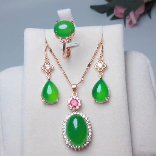 Luxury Rose Gold 925 Silver Jewelry Sets Natural Green Jade Chalcedony Ring/Earrings/Necklace Gemstone Fine Party Jewelry Gifts