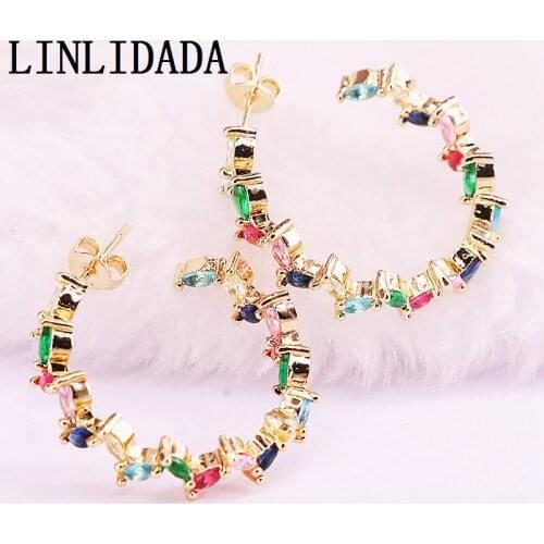6Pairs Micro Pave Colorful Zirconia Gold Color Rainbow Charm CZ NEW Stud Earrings For Women