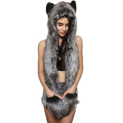 New Wolf Animal hoods cute animal faux fur hat cap women mens fashion warm animal fur hats with gloves