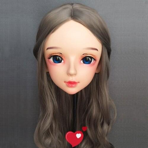 Shi-10)Female Sweet Girl Resin Half Head Kigurumi BJD Eyes Crossdress Cosplay Japanese Anime Role Lolita Mask With Eyes And Wig
