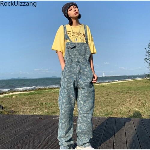Streetwear Fashion Women Man Hip Hop Loose Plus Size Embroidery Bandana Denim Overalls Adjustable Suspender Romper Pant Harajuku
