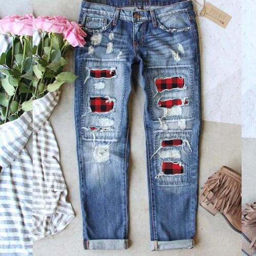 Woman Jeans Red Ripped Plaid Clothes Ladies Denim Streetwear Quality 2021 Fashion Casual Harajuku Straight Pants Female
