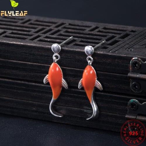 925 Sterling Silver Red Enamel Koi Fish Stud Earrings For Women Chinese Retro Style Female Vintage Jewelry Handmade