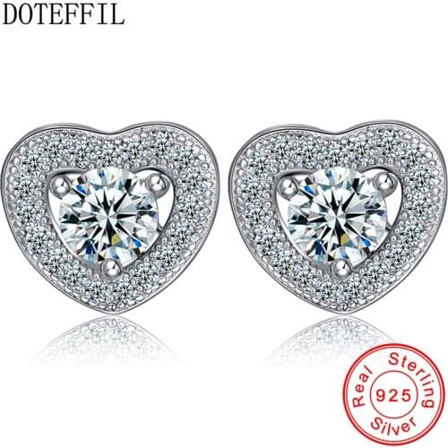 DOTEFFIL 925 Sterling Silver Female Stud Earrings AAA Crystal Zircon Heart Charm Earrings Woman Fashion Jewelry