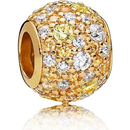 Authentic 925 Sterling Silver Bead Shine Golden Pave Ball Charm Fit Fashion Women Pandora Bracelet Bangle Gift DIY Jewelry