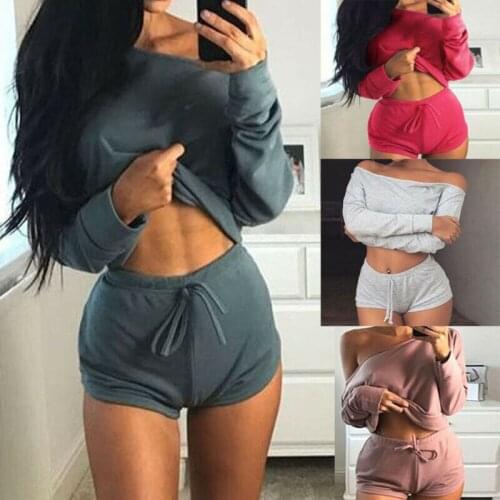 2PCS Women Gym Sport Long Sleeve Top+Short Pant Sets Tracksuit Crop Clothes