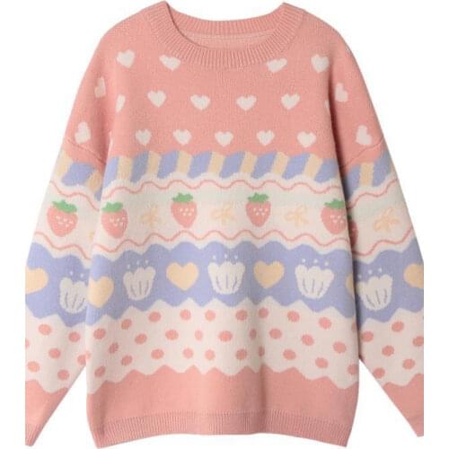 Pink Cartoon Strawberry Embroidery Sweet Style Knitted Pullover Women Sweaters 2021 Summer New Full Sleeve O-neck Female Tops