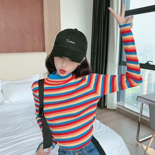 Hot Sale Womens Warm Sweater Female 2019 New Fashion Rainbow Print Sweater Ladies High Quality Collar Crop Tops Femme LMX030