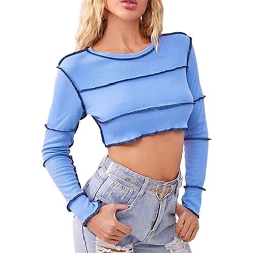 New Arrival Fashion Female Crop Top Round Neck Long Sleeve Pullover Stitching Blouse for Women Black/Blue/Gray/White
