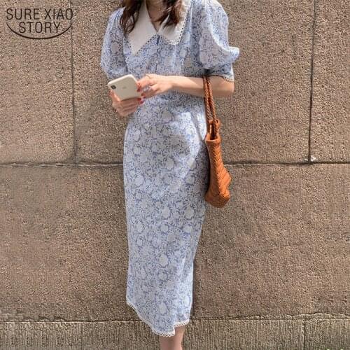 Vintage Chic Summer Women Dress Print Floral Polo Neck Bubble Sleeve Dress High Waist Women Spring Casual Dress Vestido 14149