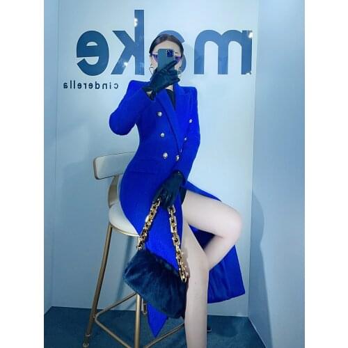 Blue Woollen Coat Womens Middle Long 2021 New Autumn and Winter Slim Double Row Button Tweed Coat Women