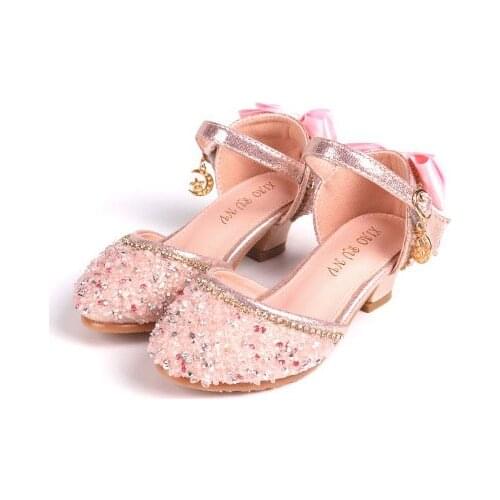 2020 Glitter Sequin Crystals Girls Mary Jane Shoes Low Heels Ankle Buckle Strap Wedding Dress Princess Flower Girls Pumps