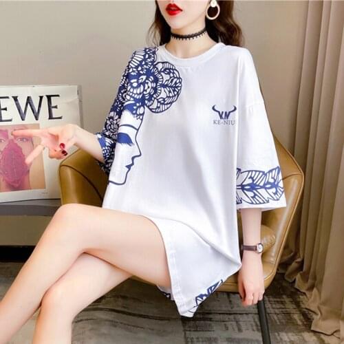 #4300 Summer Short Sleeve T Shirt Women O Neck Casual Vintage T Shirt Female Cotton Loose Chinese Style Long T Shirt For Girl