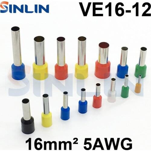 500pcs/lot Crimp Terminal VE16-12 tube pre insulating terminal Bootlace Ferrules 5AWG 16mm^2 Brass Lead length 18mm