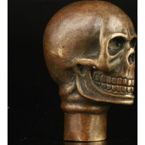 Asian Chinese Old Bronze Handmade Carved Skull Statue Walking Stick Head