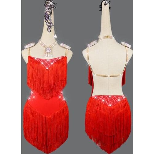 Shining Rhinestones Latin Dance Dress Fou Women Competition Costumes Sexy Straps Red Tassel Latin Skirt Rumba Samba Dresses